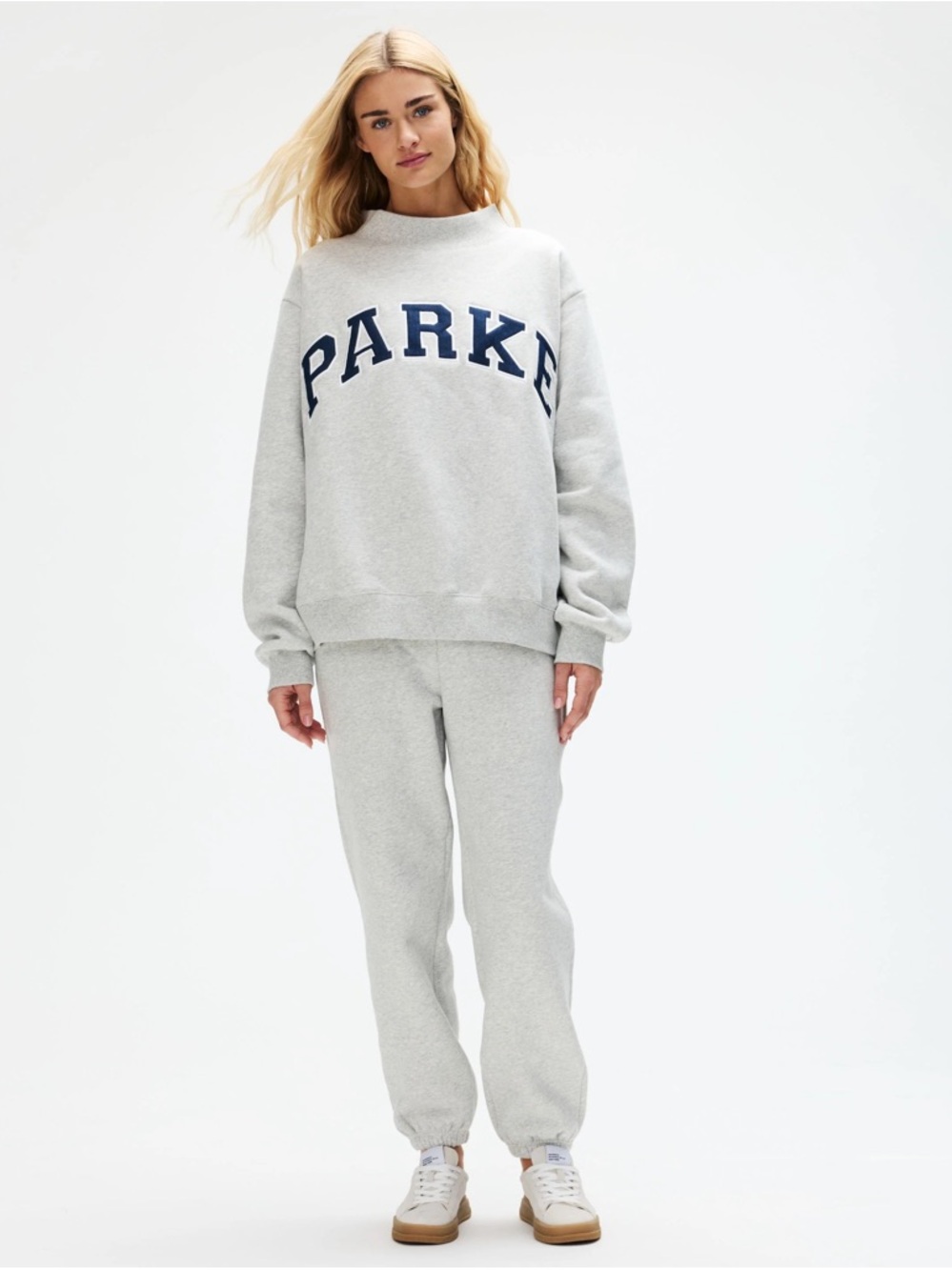 NWT Parke Fleece Women's OG Varsity Mockneck in Classic Grey with Denim Letters